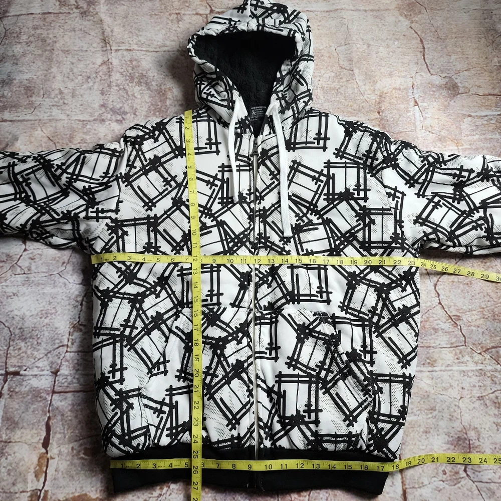 Medium Black and White Geometric Full Zip Lined Hoodie